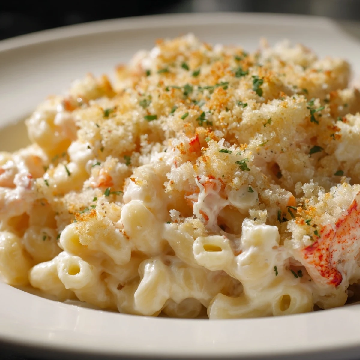 Golden-baked Lobster Macaroni and Cheese with Herbed Breadcrumbs bubbling in a ceramic dish, showcasing succulent lobster meat and a crispy topping.