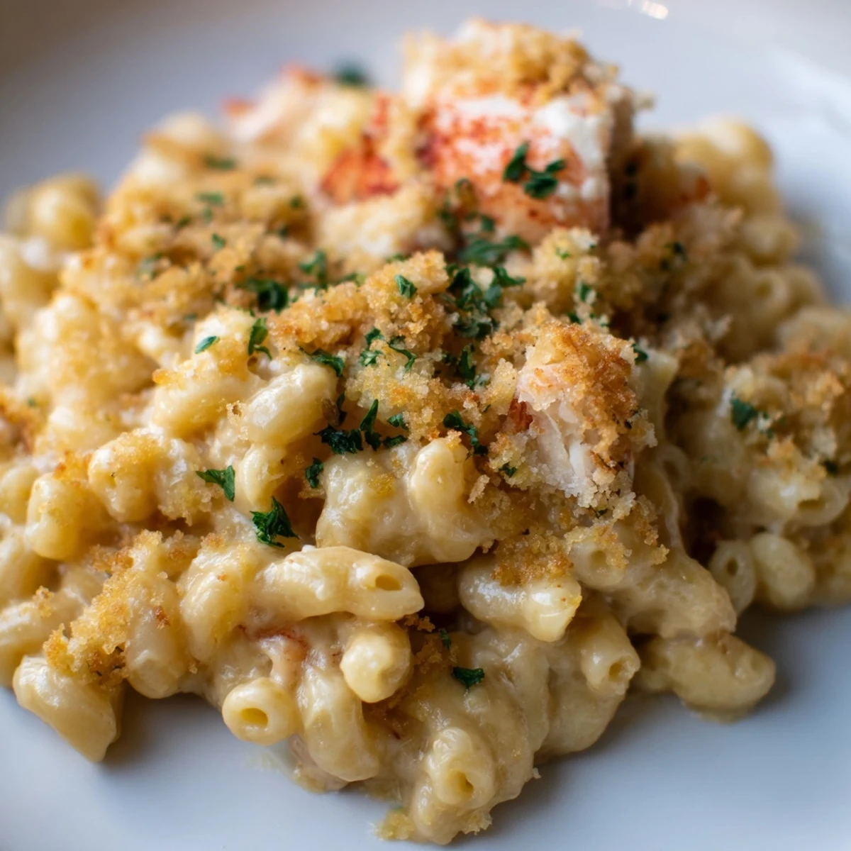 A close-up of creamy Lobster Macaroni and Cheese, featuring tender pasta strands coated in rich cheese sauce and topped with herbed breadcrumbs.
