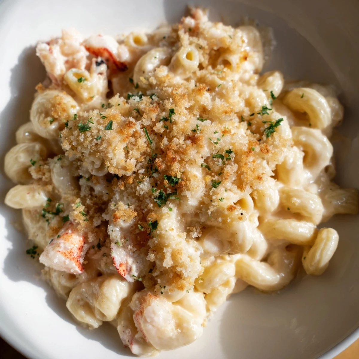 Freshly baked Lobster Macaroni and Cheese served hot, with a golden crust and visible chunks of succulent lobster meat.