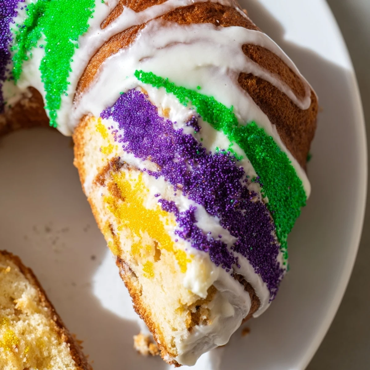 A close-up of the iconic Mardi Gras King Cake with cream cheese filling, showing its golden-brown, braided ring shape and vibrant purple, green, and gold sugar toppings.