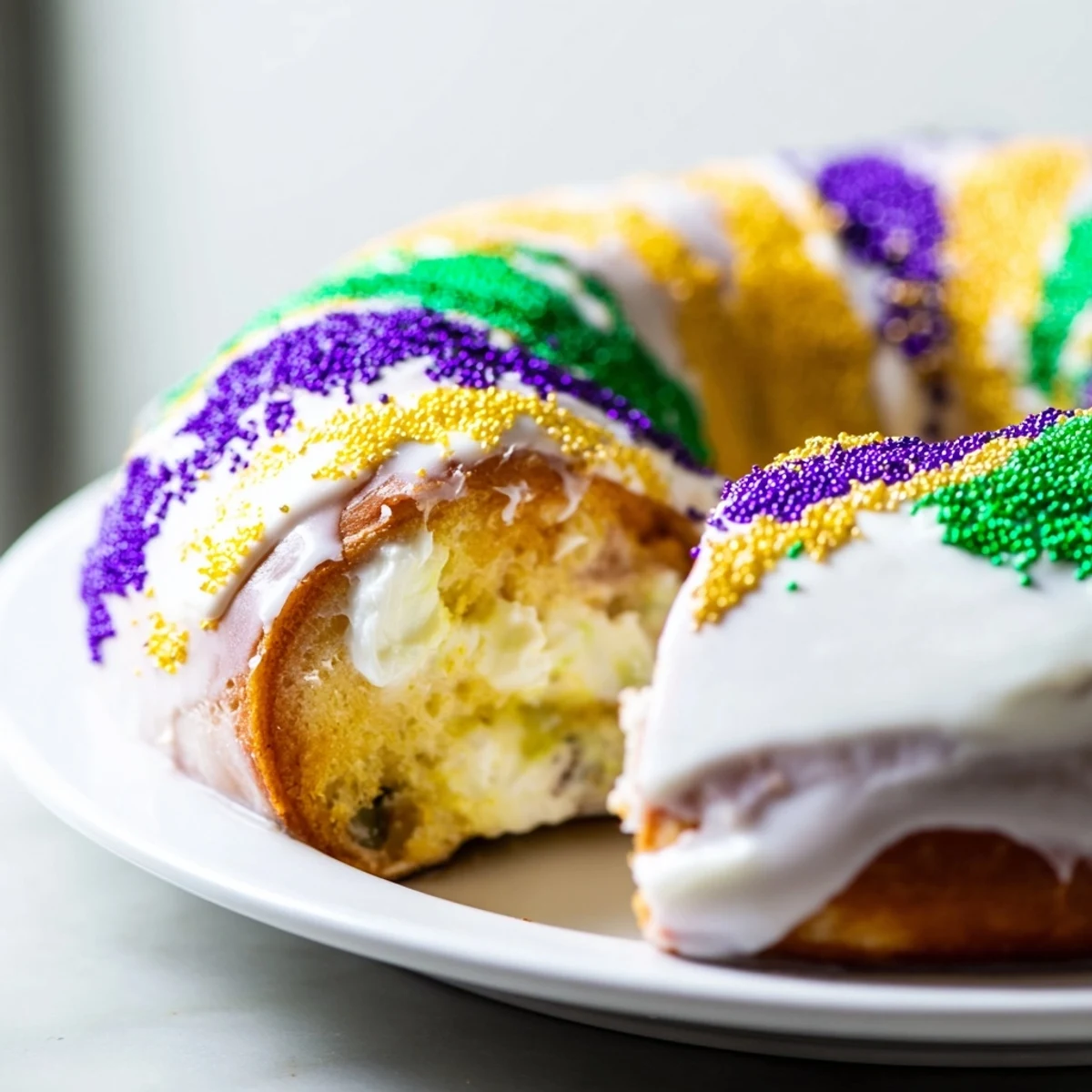 Overhead view of a freshly baked Mardi Gras King Cake, featuring a soft, pillowy dough, a generous drizzle of sweet white icing, and a hidden baby figurine placed inside.