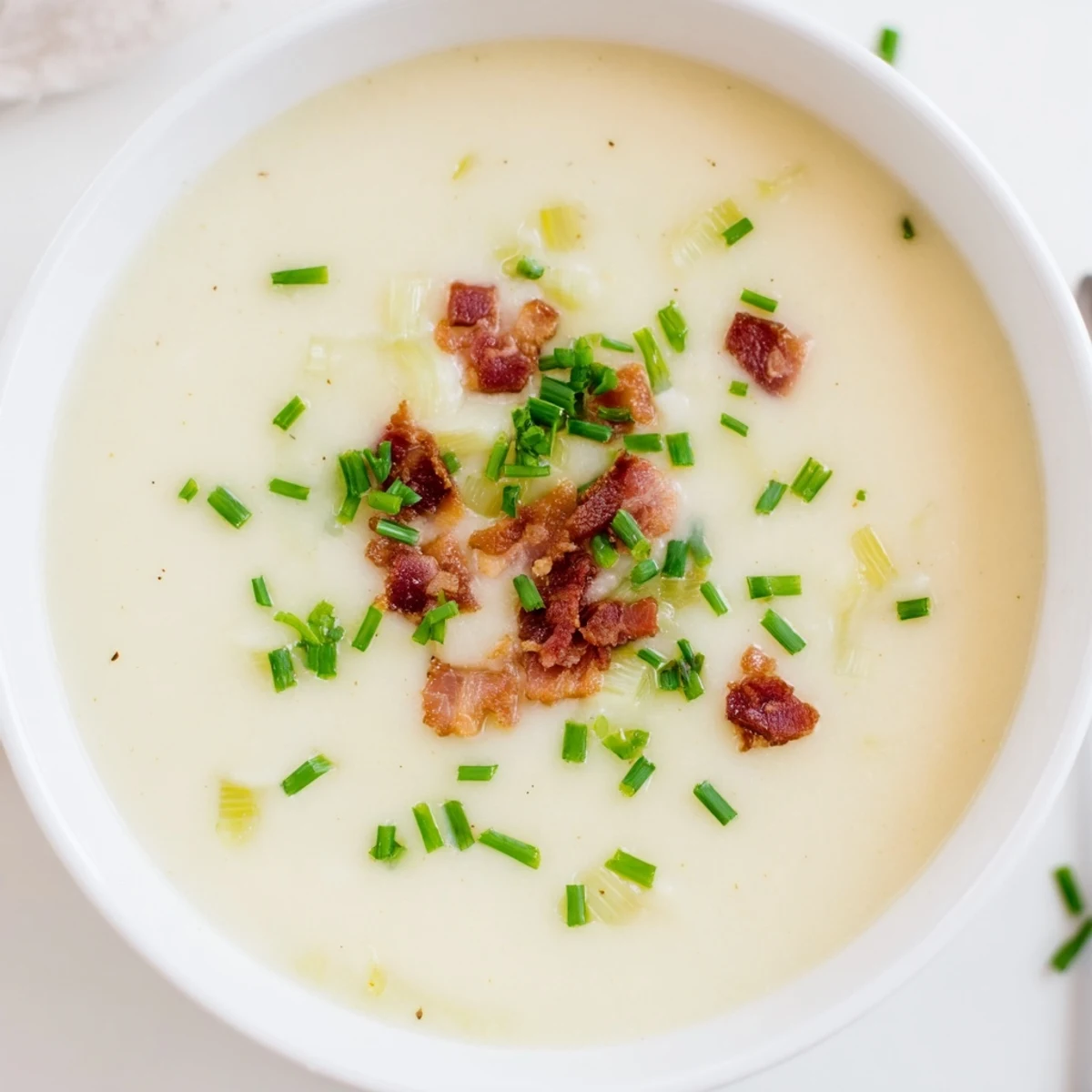 Creamy potato and leek soup with turkey bacon garnished with fresh chives and crisp bacon crumbles.