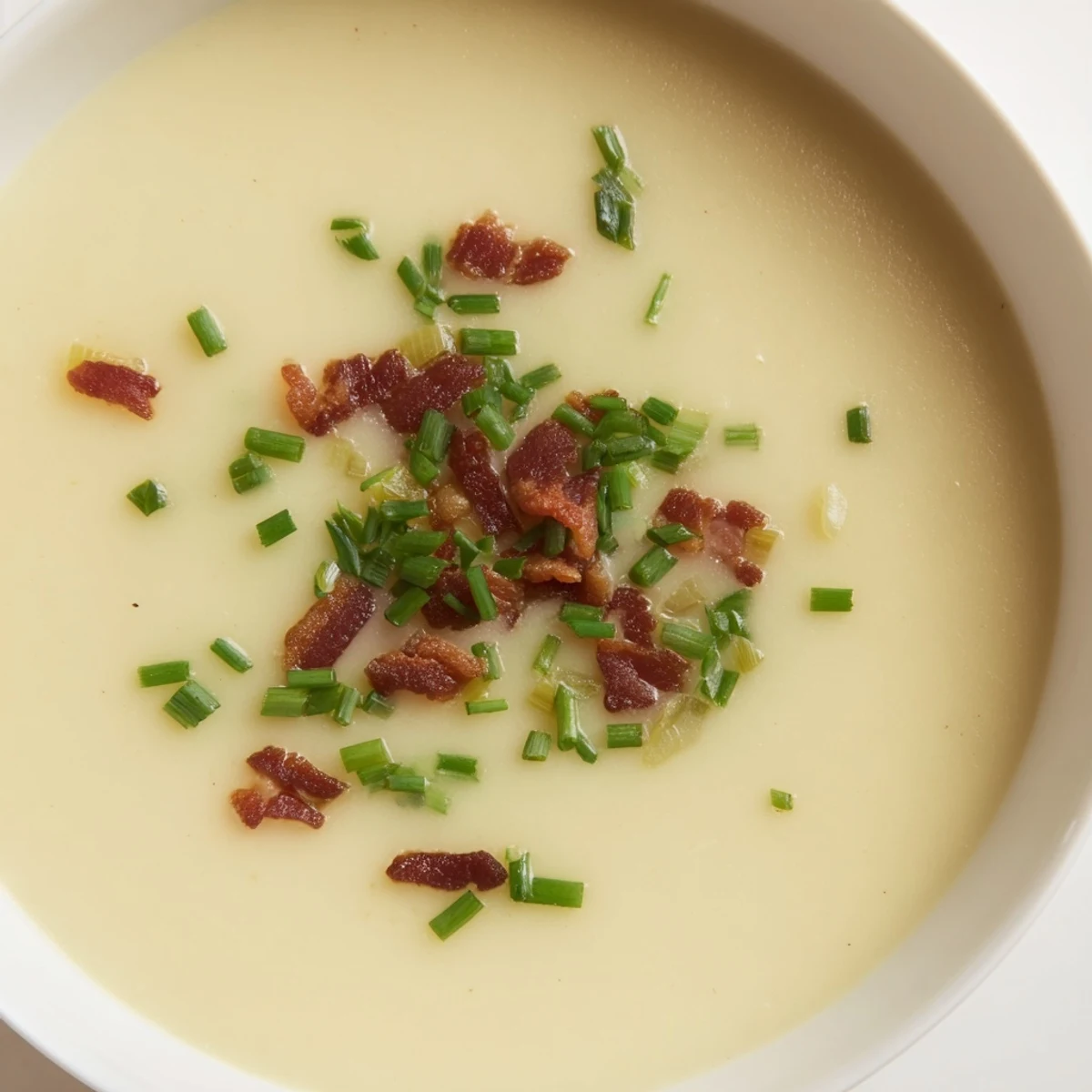Velvety creamy potato and leek soup steaming in a rustic bowl topped with crispy turkey bacon.