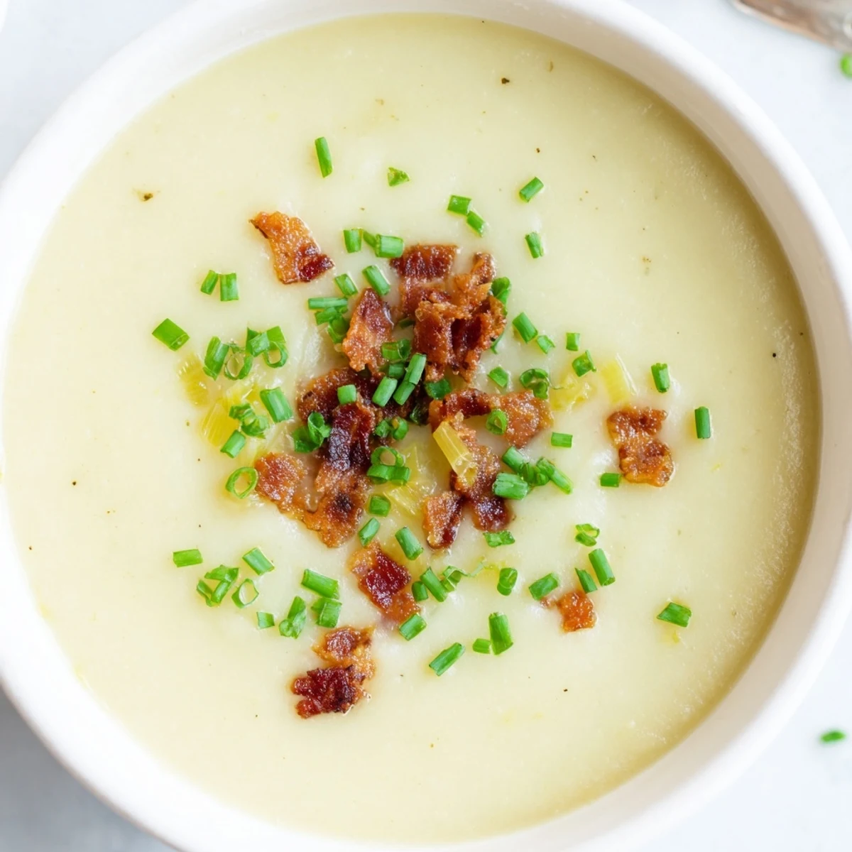 Homemade creamy potato and leek soup with turkey bacon served alongside gluten-free crusty bread for dipping.