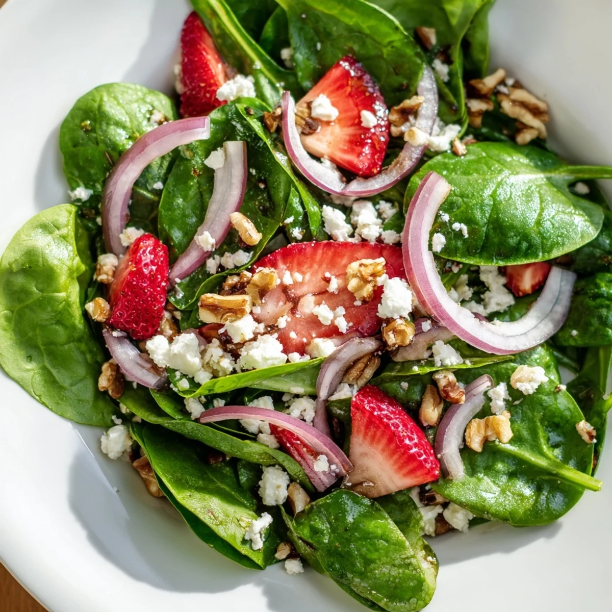 Fresh baby spinach, sweet sliced strawberries, and toasted walnuts tossed in a tangy balsamic vinaigrette in this Strawberry Walnut Spinach Salad with Balsamic.