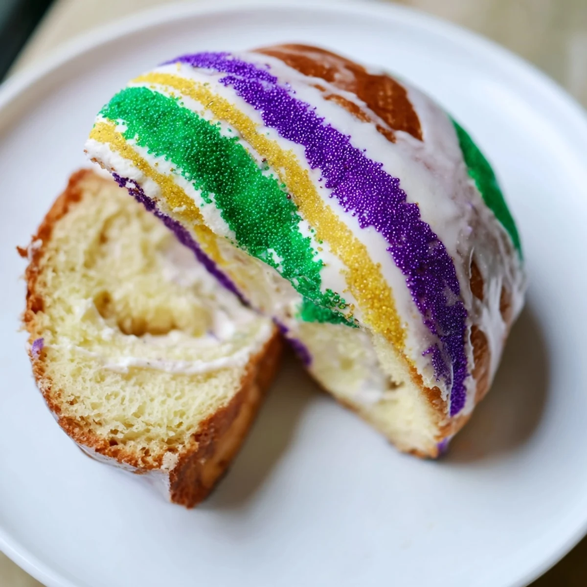 A finished Mardi Gras King Cake with cream cheese filling, glazed and dusted with purple, green, and gold sugar on a festive serving platter.