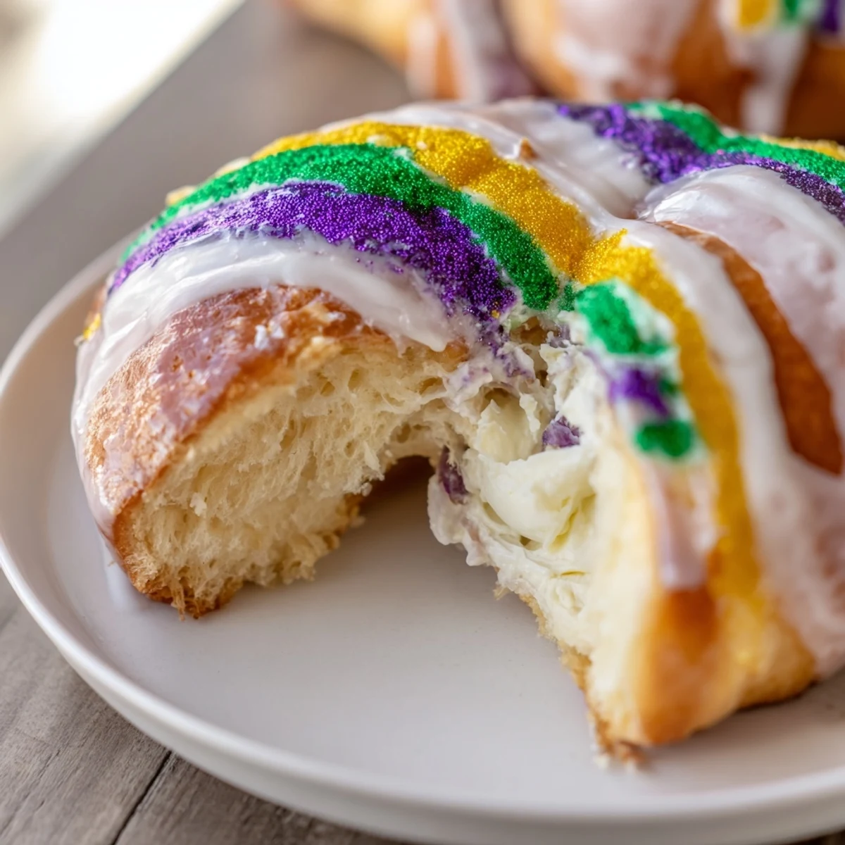 Freshly baked Mardi Gras King Cake sliced open to reveal creamy filling, with vibrant colored sugars atop the brioche-style ring.
