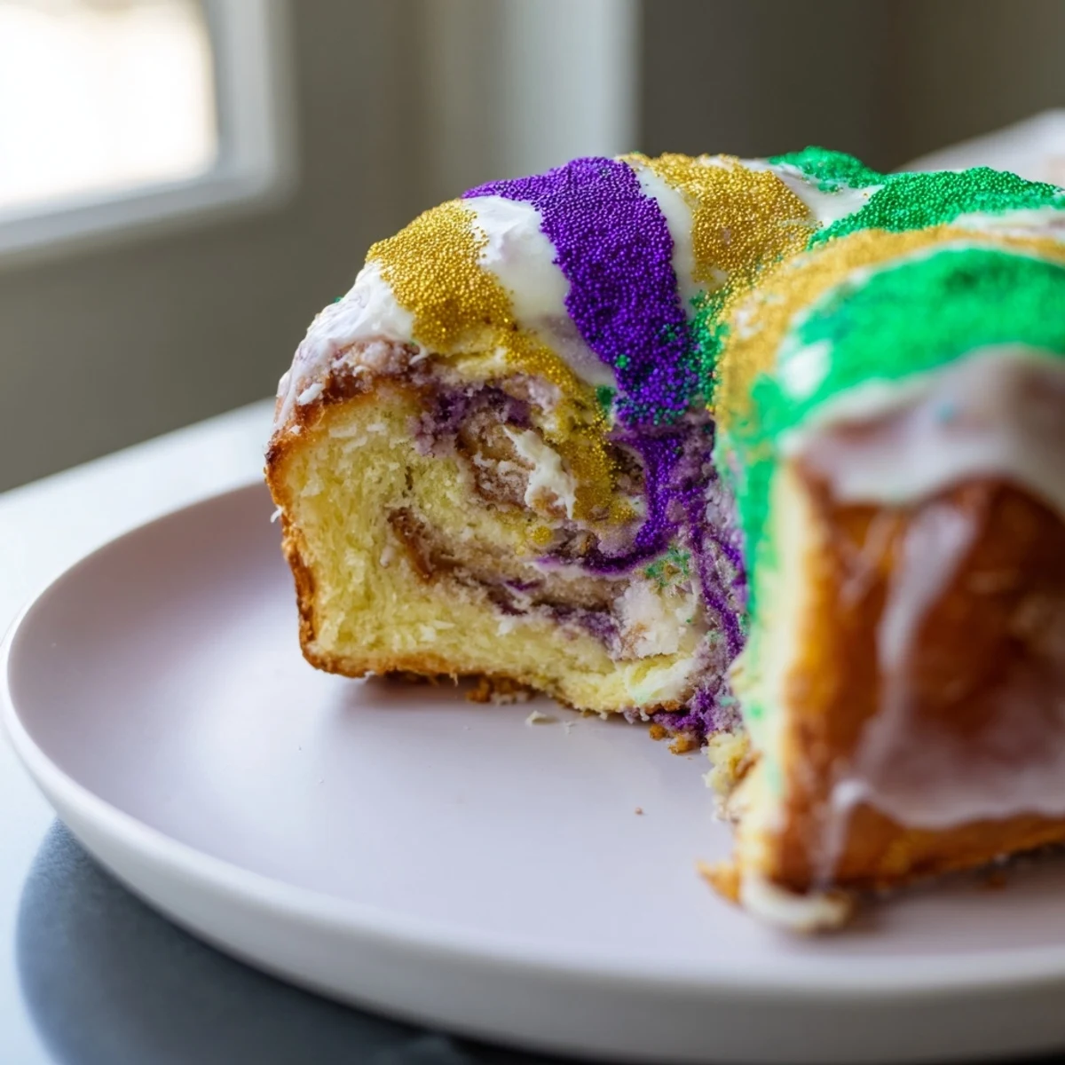 Festive Mardi Gras King Cake drizzled with vanilla glaze and bright purple, green, and gold sugars, ready to serve with coffee.