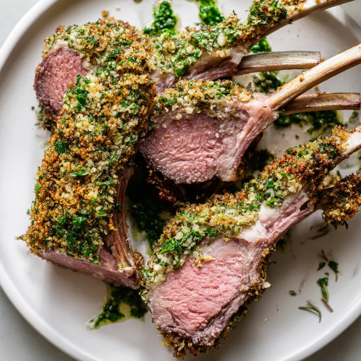 Tender Garlic Herb Roasted Rack of Lamb with Mint Sauce slices fanned out beside a bowl of vibrant green mint sauce.  