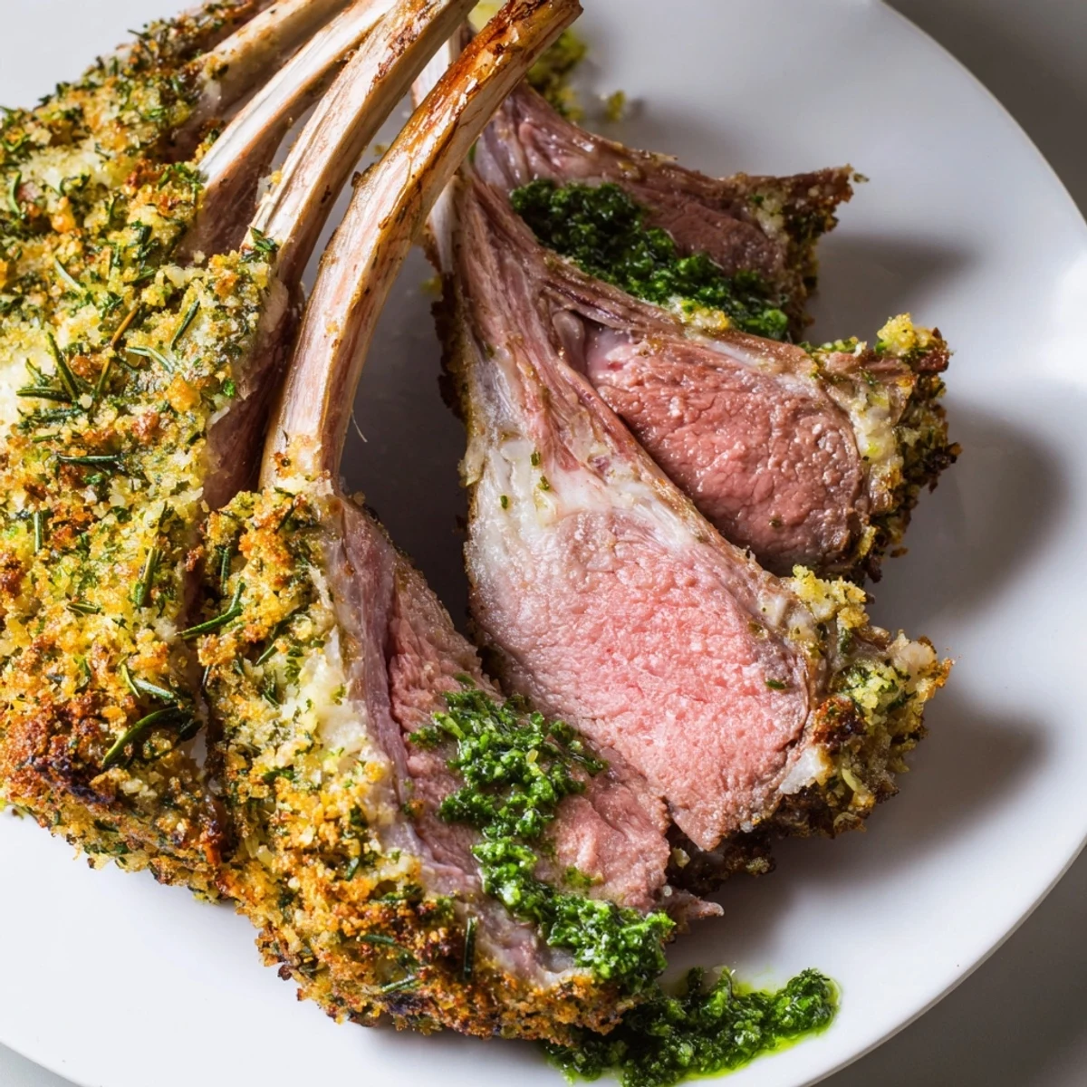 Close-up of Garlic Herb Roasted Rack of Lamb with Mint Sauce, showcasing a juicy interior and herb crust on the seared fat cap.
