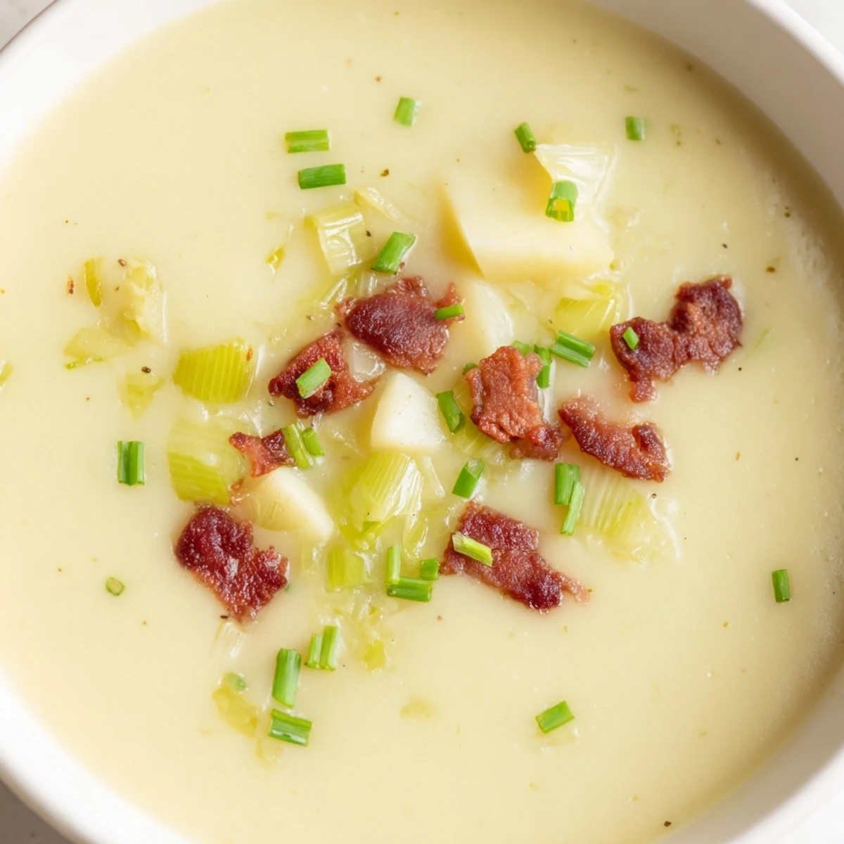 Creamy Potato and Leek Soup with Turkey Bacon garnished with fresh chives, served steaming in a rustic bowl.