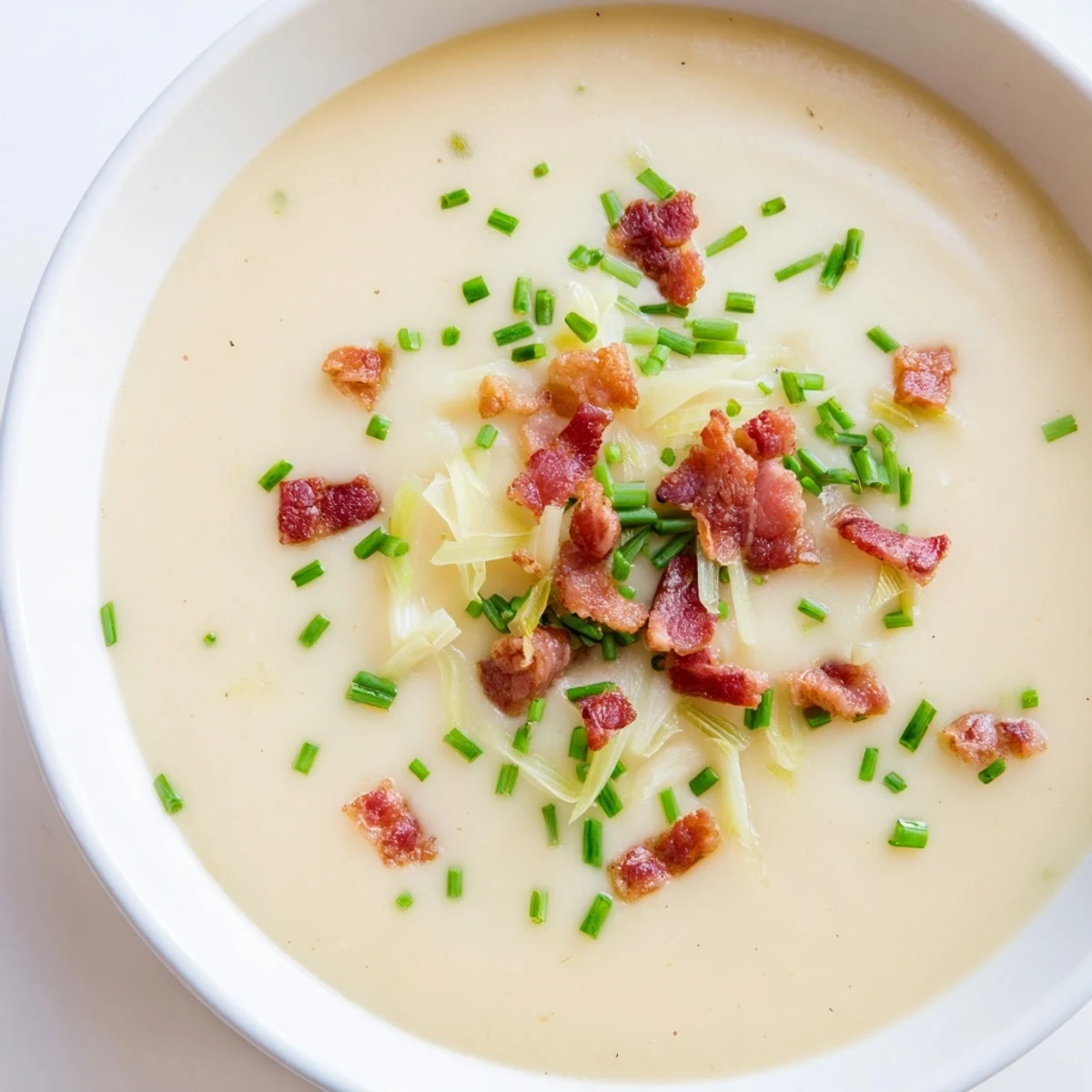 A rich and velvety Creamy Potato and Leek Soup with Turkey Bacon topped with crispy, golden-brown bacon bits.