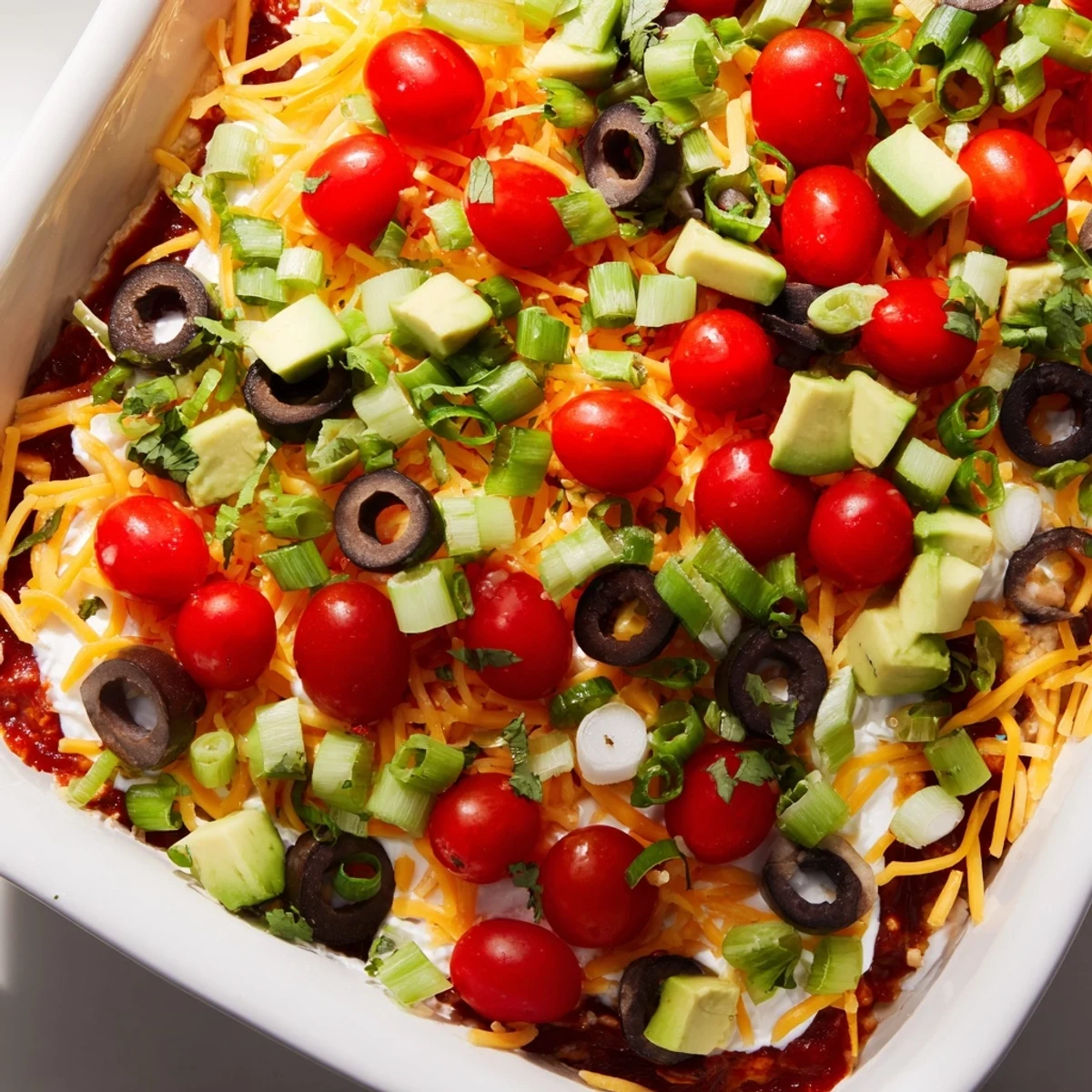A close-up of creamy Ultimate Layered Taco Dip in a trifle bowl, perfect for game day.