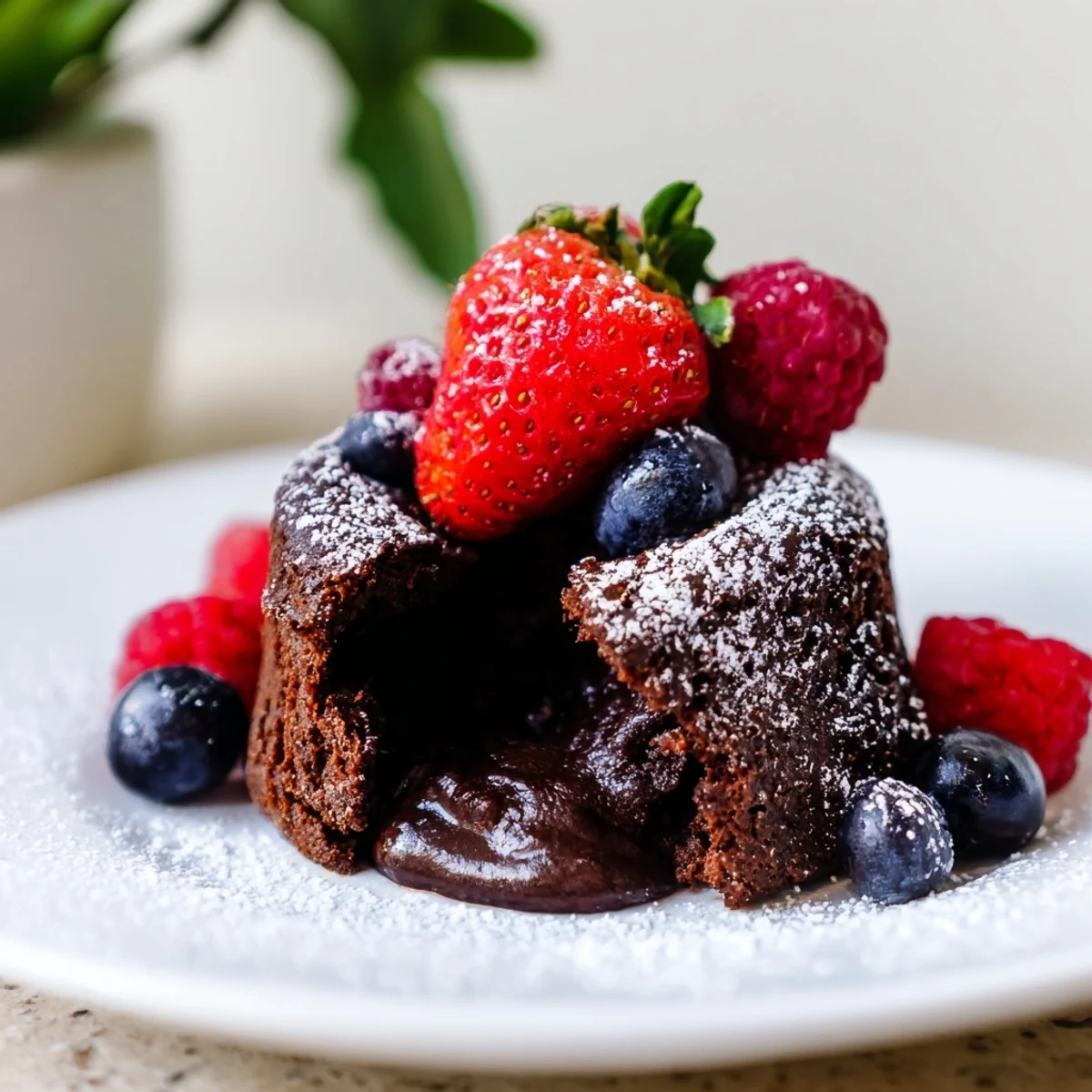 Valentine Molten Chocolate Lava Cakes served warm with glossy dark chocolate oozing from the center beside vibrant strawberries and raspberries.