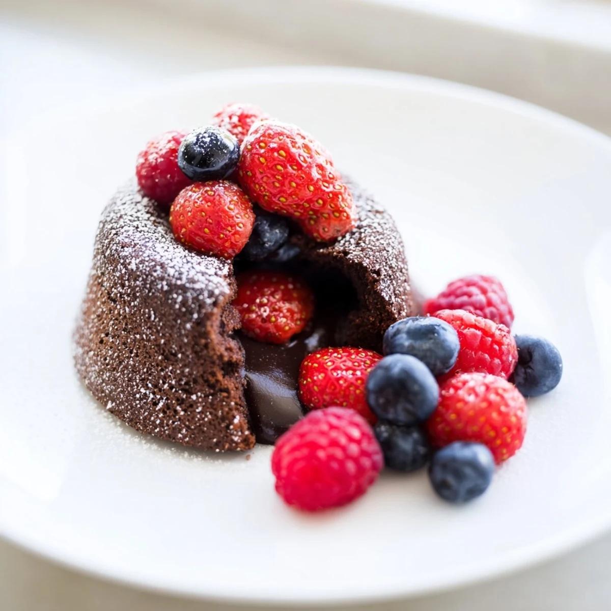 Valentine Molten Chocolate Lava Cakes on dessert plates with mixed berries, ready for Valentine's Day with a spoonful of whipped cream nearby.