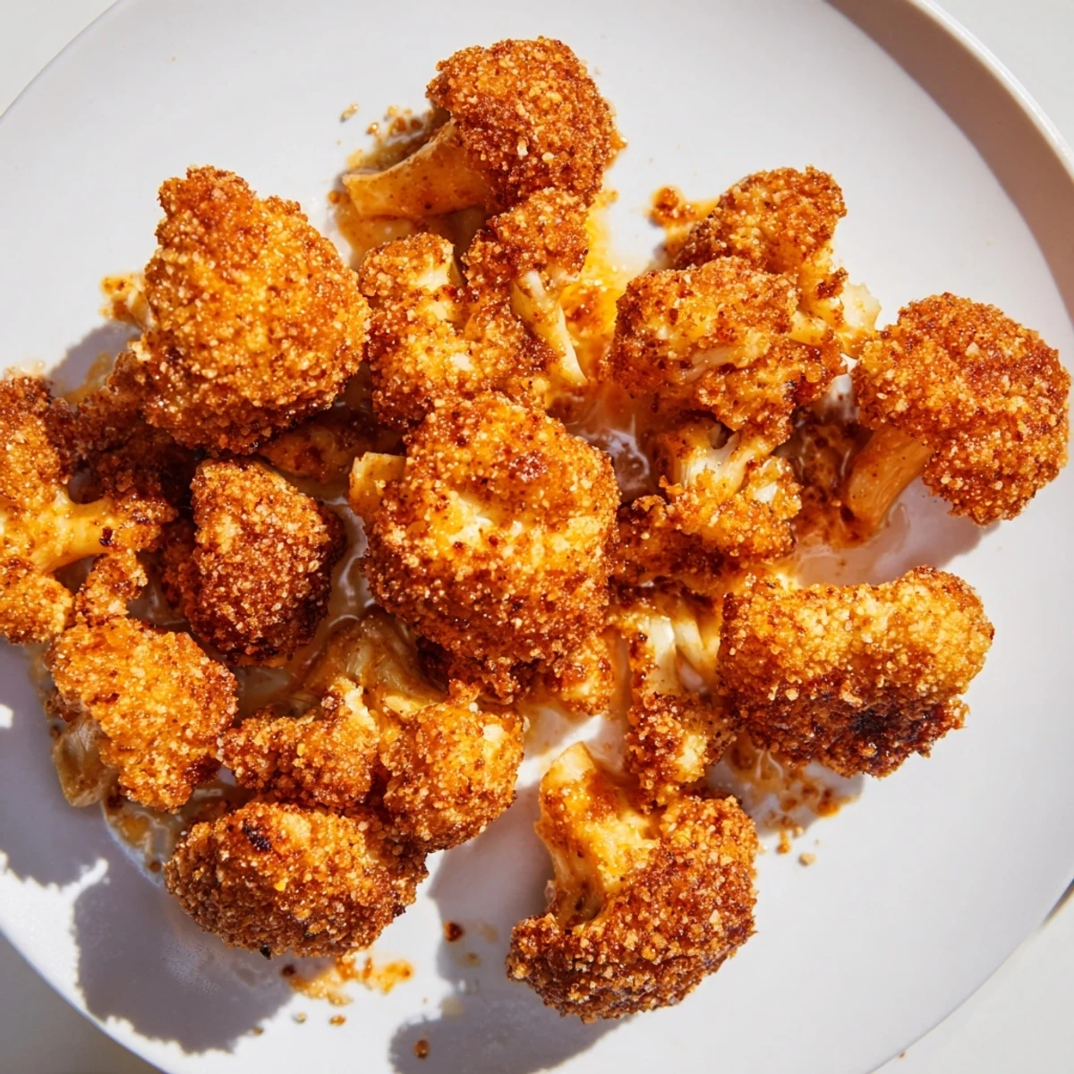 Oven-baked Crispy Baked Cauliflower Bites with Buffalo Sauce tossed in tangy sauce.
