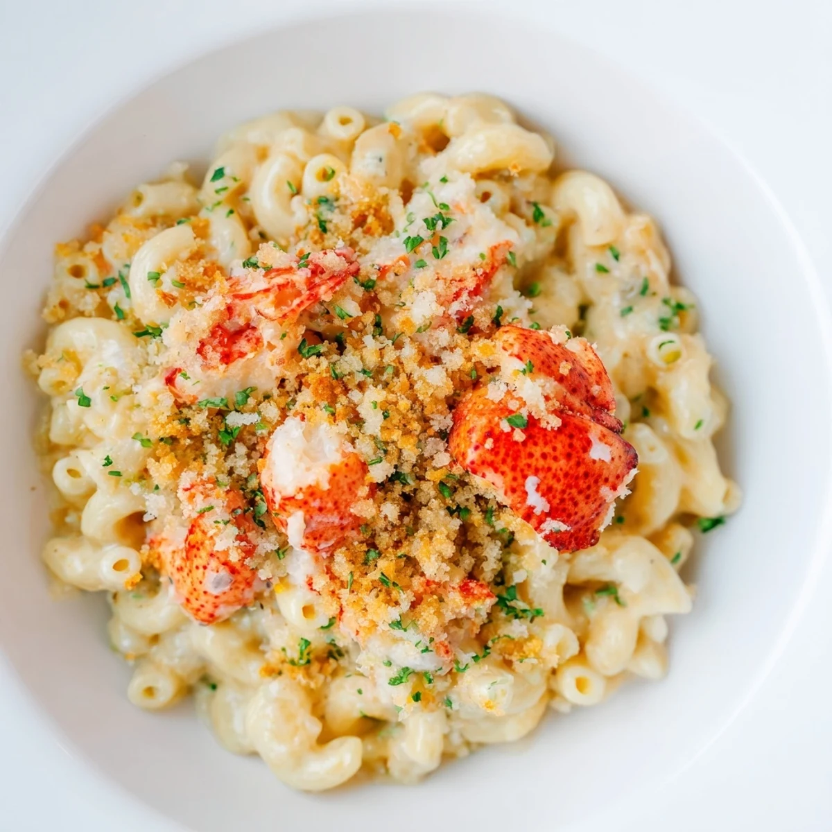 Golden-brown herbed breadcrumbs top this Lobster Macaroni and Cheese, served hot from the oven in a ceramic baking dish.