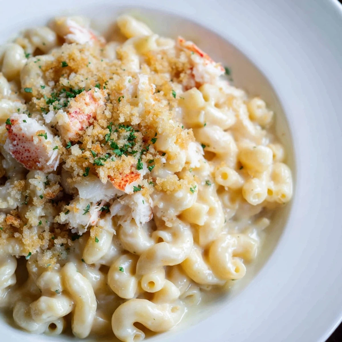A serving spoon dips into rich Lobster Macaroni and Cheese, revealing creamy pasta and succulent lobster under a crisp breadcrumb topping.