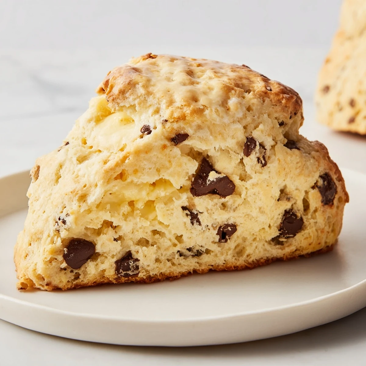 Golden-brown Chocolate Chip Scones fresh from the oven with melty chocolate chips on a baking sheet.
