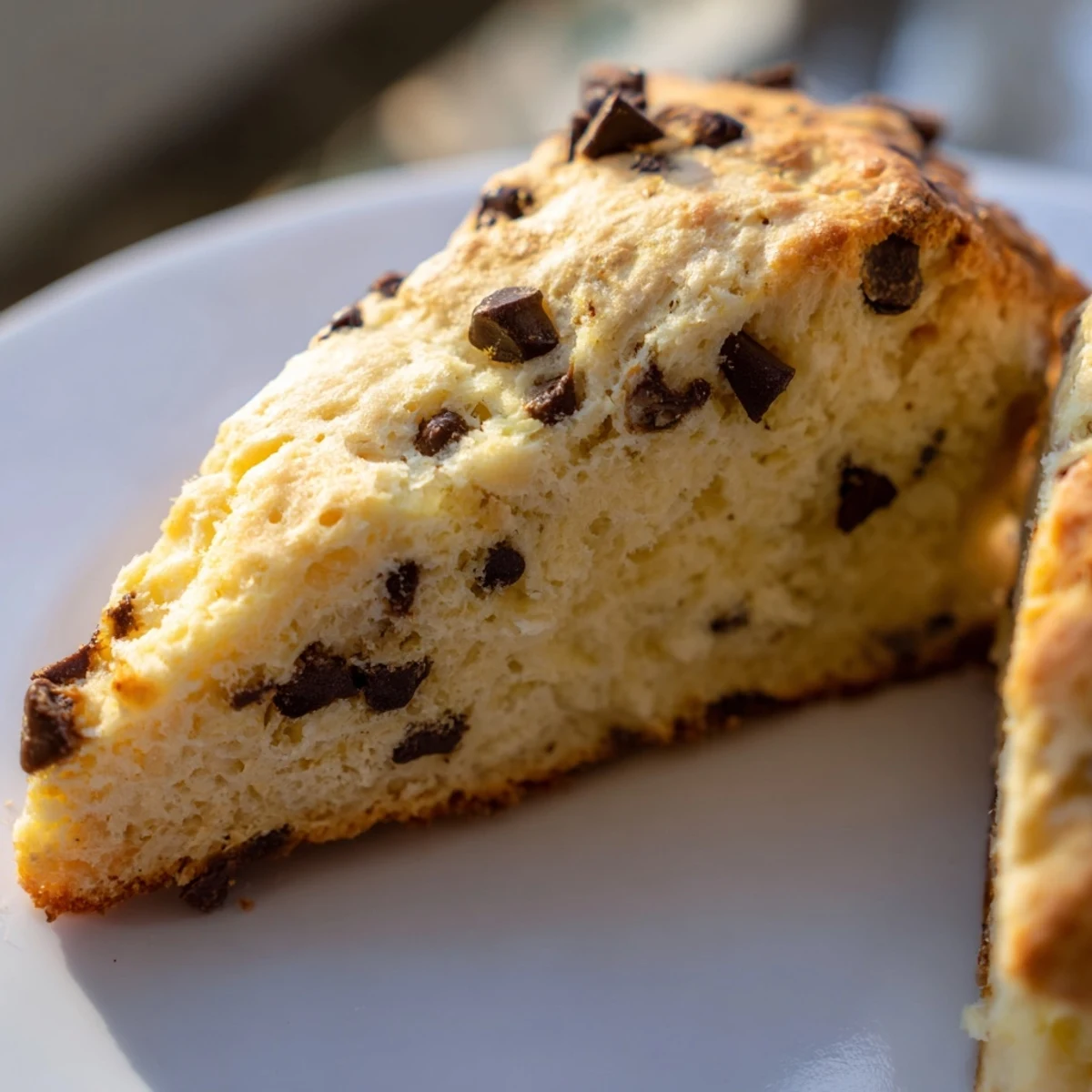 A close-up of Chocolate Chip Scones served warm on a plate next to a cup of coffee.