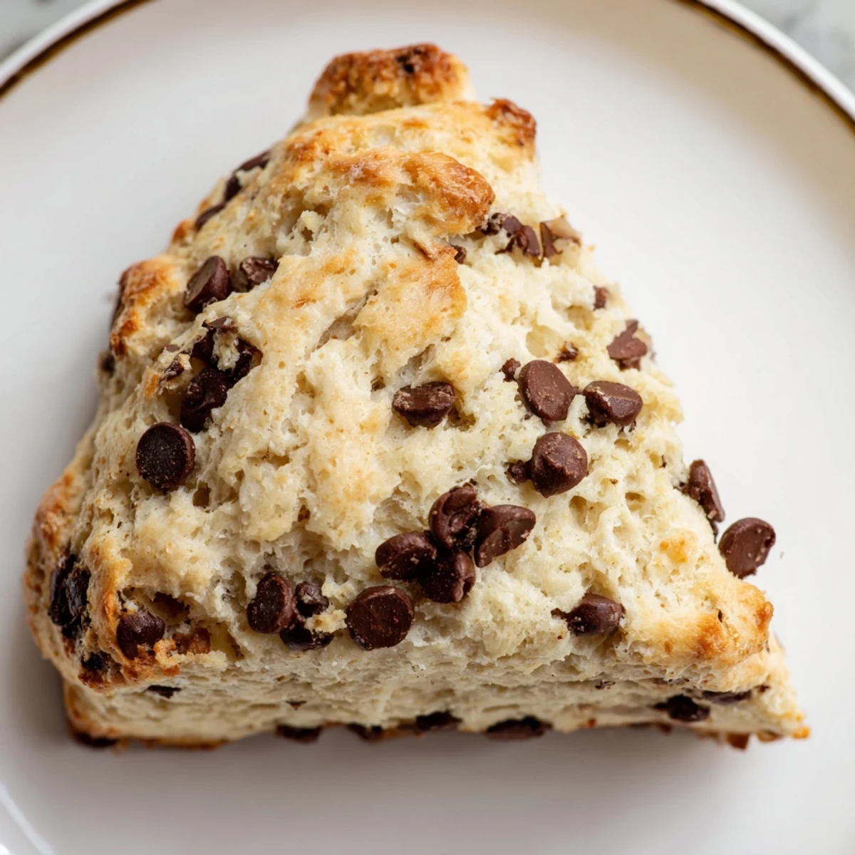 Freshly baked Chocolate Chip Scones with a crumbly texture and a hint of vanilla on a rustic table.
