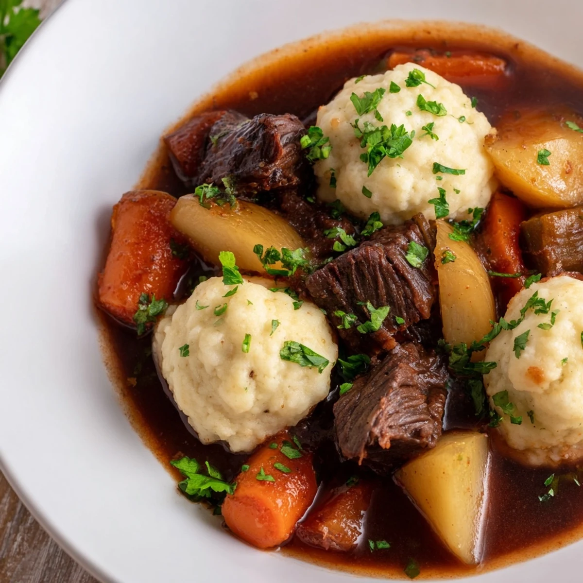 Golden-brown dumplings rest atop the Irish Beef Stew with Dumplings, with tender beef chunks and root vegetables visible in the rich broth.