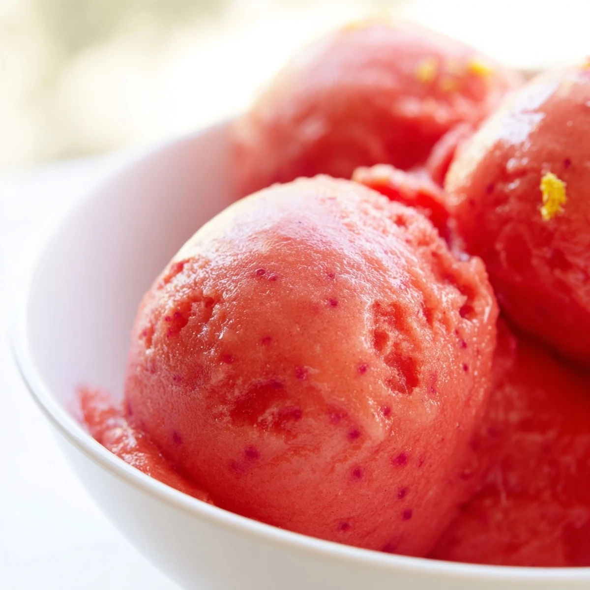 A scoop of tangy Strawberry Lemonade Sorbet glistens with condensation on a spoon.