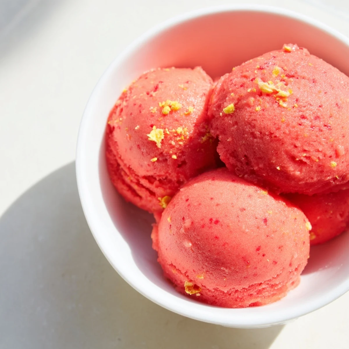 Vibrant pink Strawberry Lemonade Sorbet with fresh mint garnish in a chilled bowl.