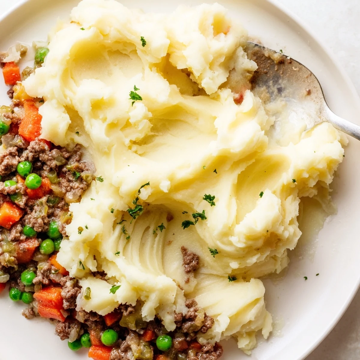 Golden mashed potato topping covers savory ground beef and sweet peas in a baked Beef Shepherds Pie with Peas.