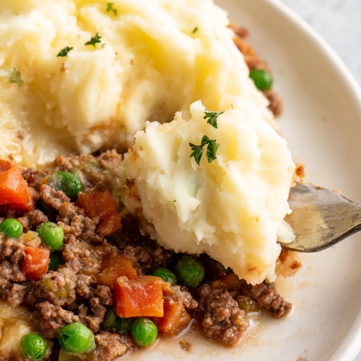 A bubbling, golden-topped casserole of Beef Shepherds Pie with Peas served in a rustic baking dish with a spoon.