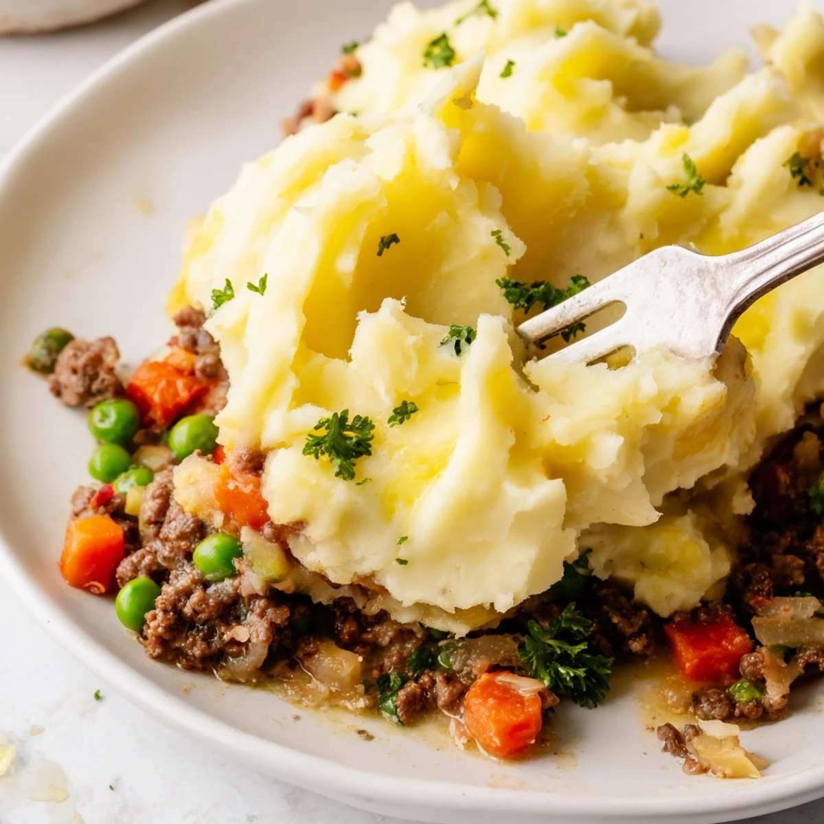 Comforting Beef Shepherds Pie with Peas featuring creamy mashed potatoes, peas, and hearty ground beef with visible herbs.