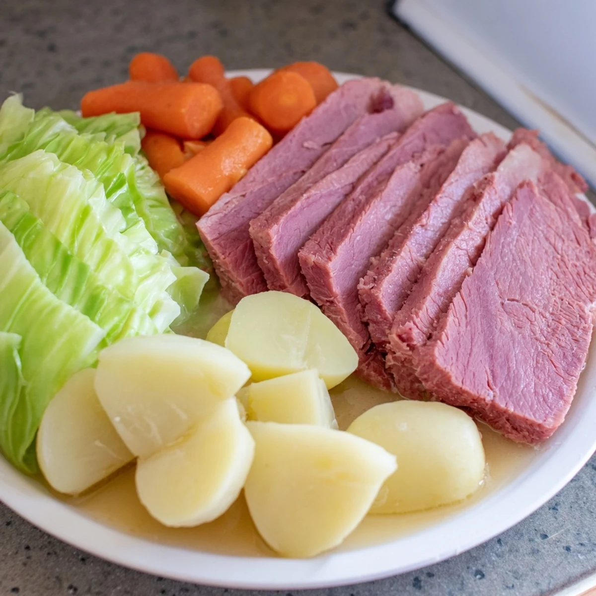 Steaming corned beef and cabbage dinner plated with golden carrots and Yukon Gold potatoes, ideal for a cozy family meal.