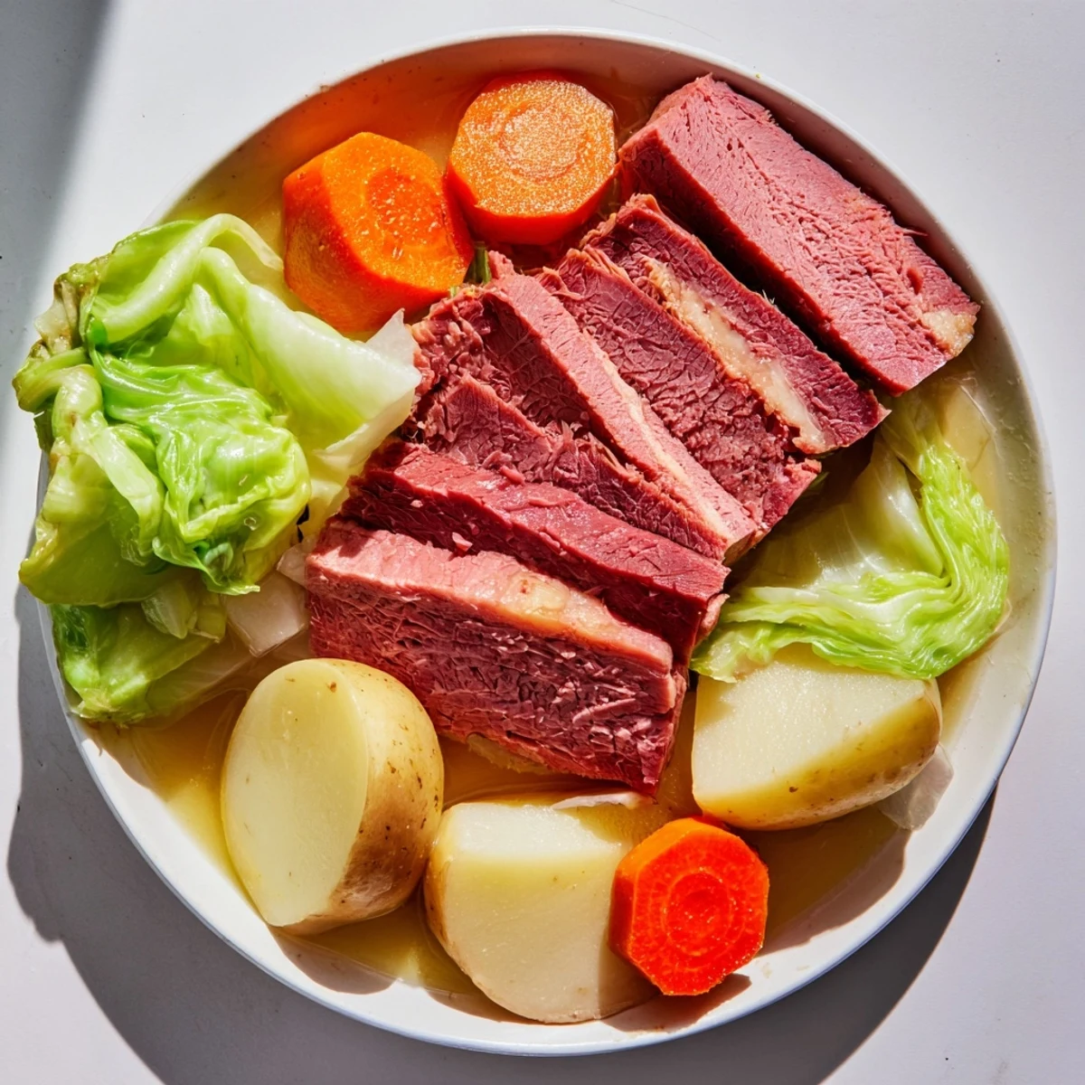 Tender corned beef and cabbage dinner garnished with fresh parsley and served alongside mustard, onions, and savory broth.