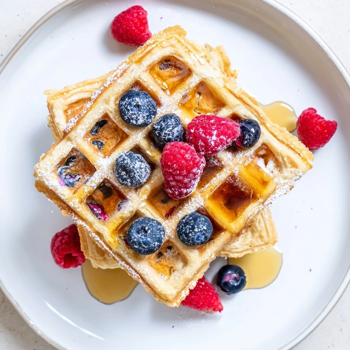 Crisp golden Lemon Ricotta Waffles dusted with powdered sugar on a plate, ready for maple syrup.