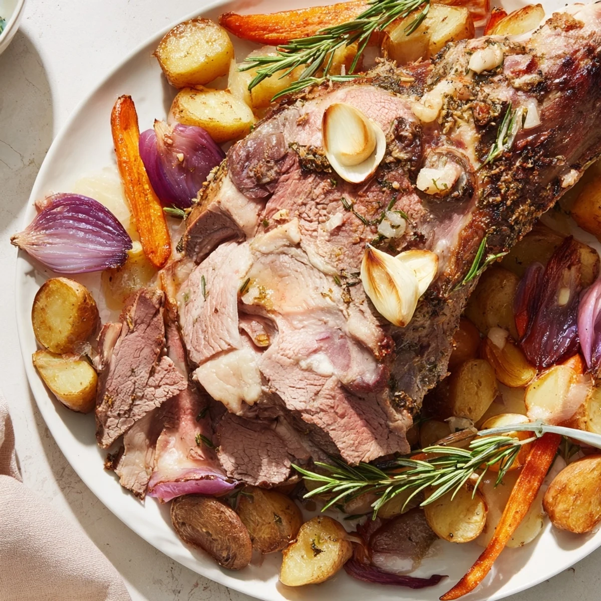 Golden-brown Roasted Lamb with Root Vegetables, garnished with fresh rosemary and resting before carving.