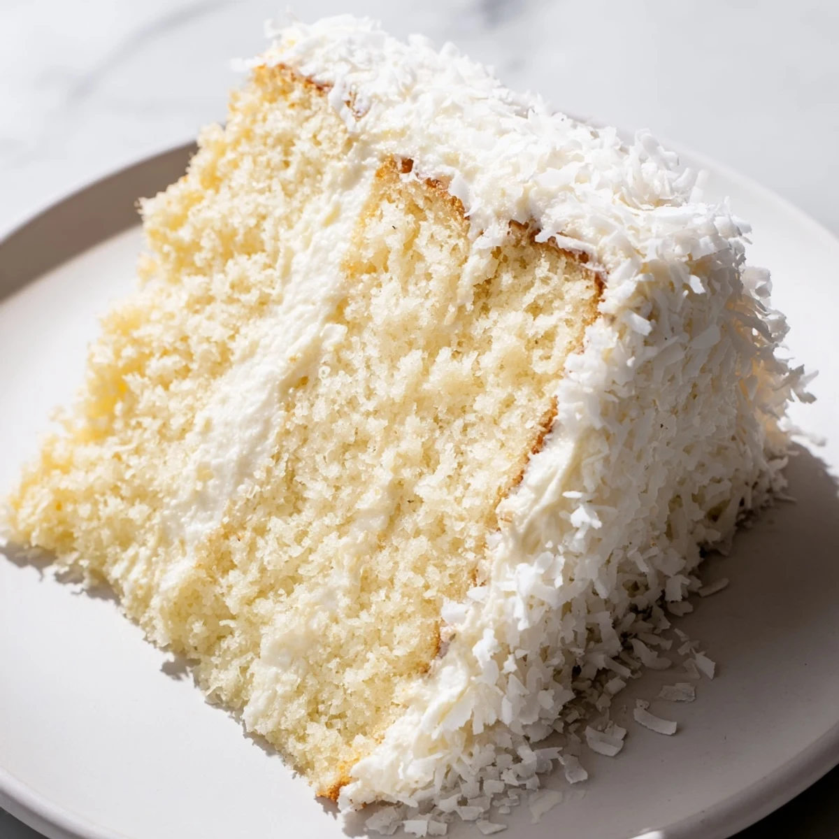 Freshly baked Easter Coconut Cake layered with creamy frosting and topped with toasted coconut, perfect for a spring dessert table.