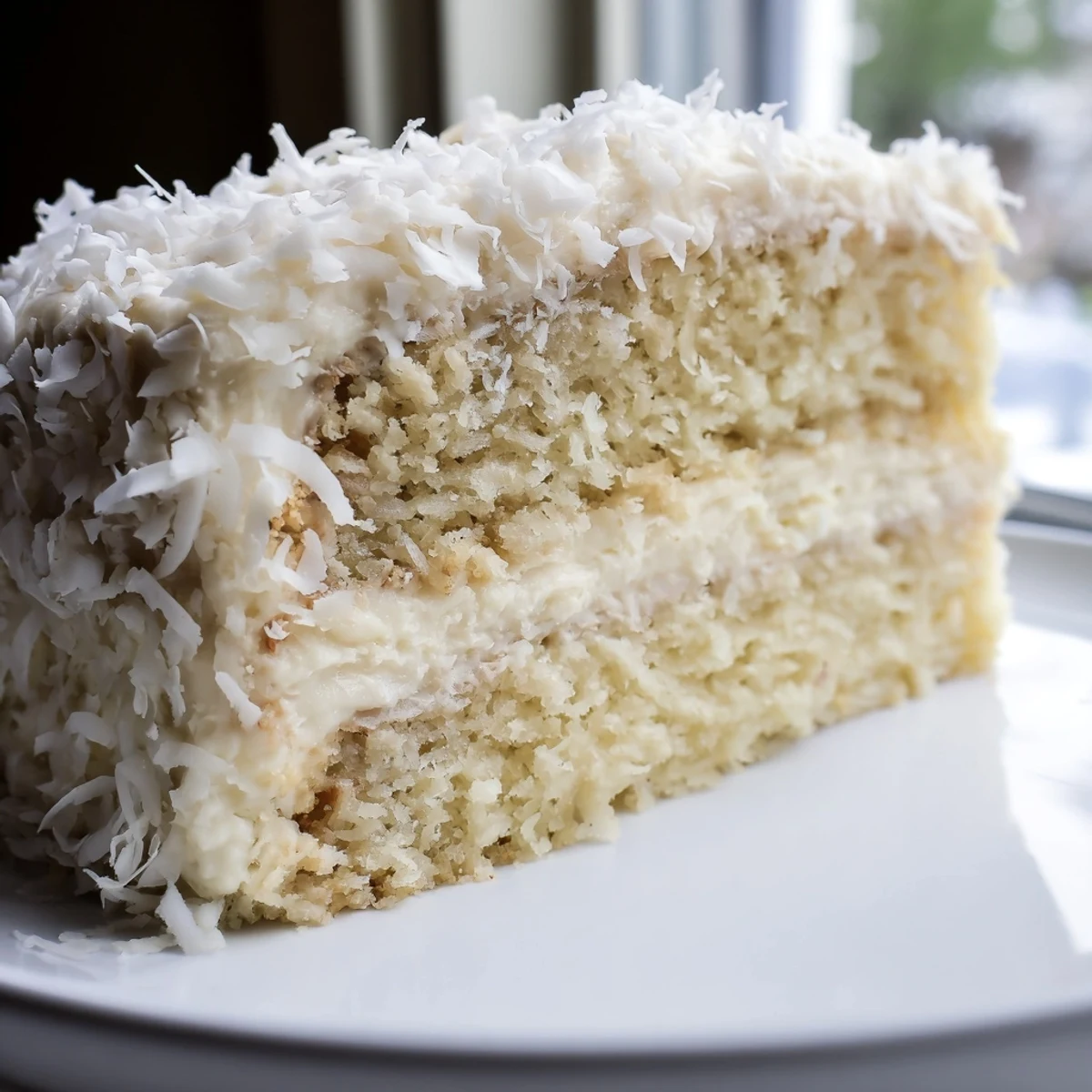 Whole Easter Coconut Cake decorated with shredded coconut and candy eggs, ready to serve at a festive holiday celebration.
