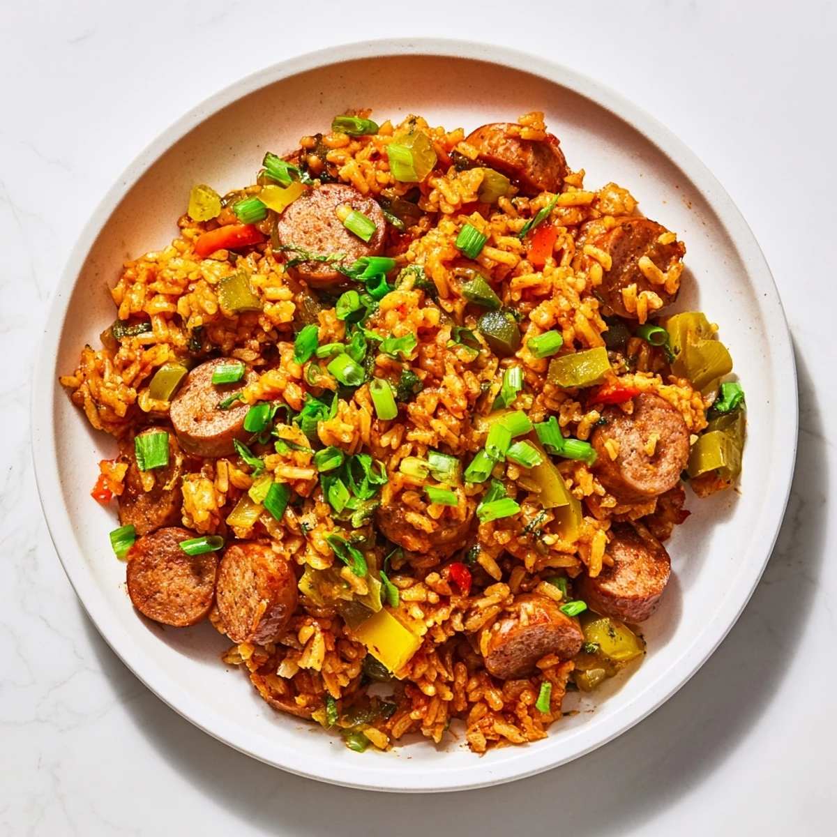 A close-up of finished Mardi Gras Dirty Rice shows fluffy, seasoned grains flecked with sausage, green onions, and fresh parsley, served in a festive bowl.