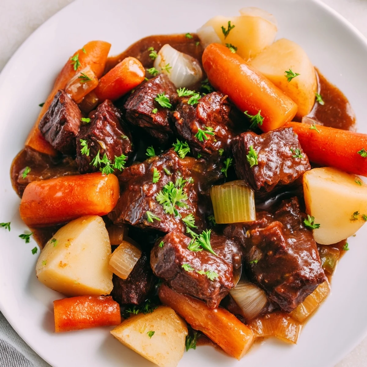 Close-up of Slow Cooker Beef Stew with Root Vegetables served in a rustic bowl, garnished with fresh parsley alongside crusty bread for a cozy, hearty meal.