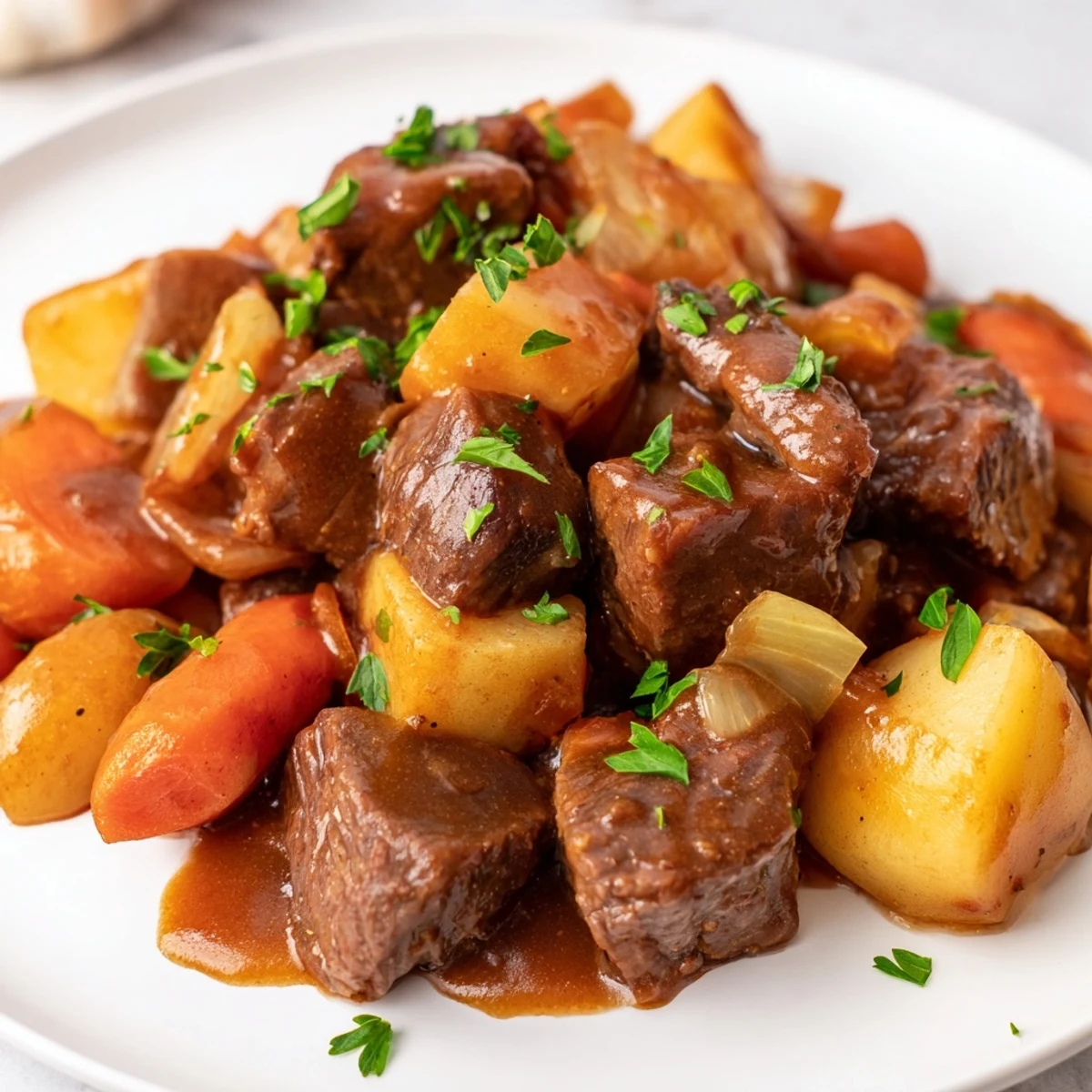 A steaming bowl of Slow Cooker Beef Stew with Root Vegetables, featuring tender beef chunks and colorful carrots, parsnips, and potatoes in a thick, savory broth.