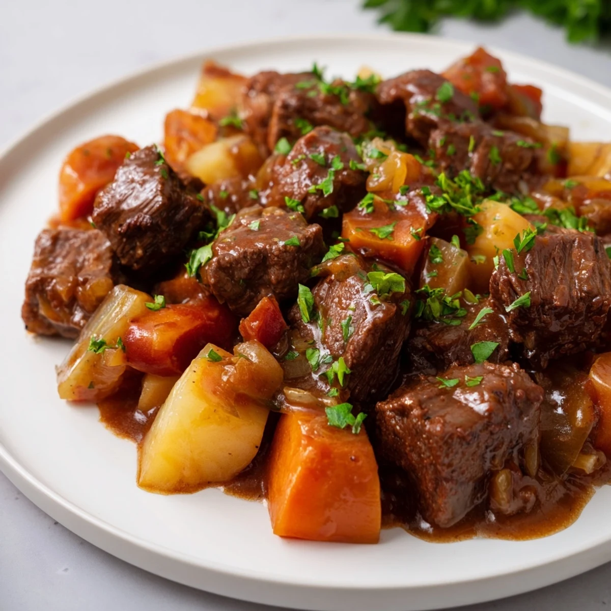 Hearty Slow Cooker Beef Stew with Root Vegetables ready to serve, showing rich, thick gravy and soft vegetables in a slow cooker insert with a ladle.