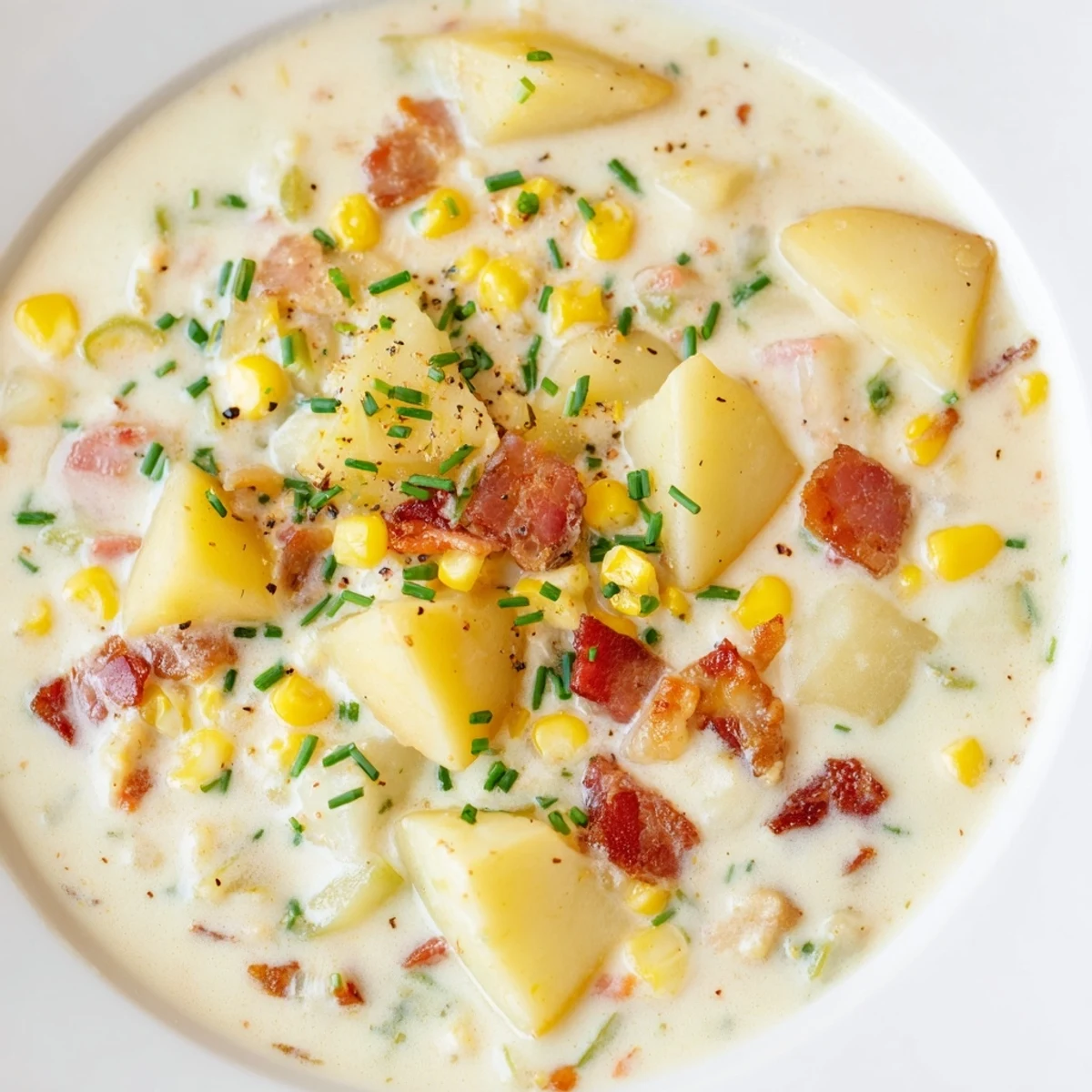 Hearty Creamy Corn Chowder with Turkey Bacon ladled into a rustic soup bowl, ready to serve with crusty bread.