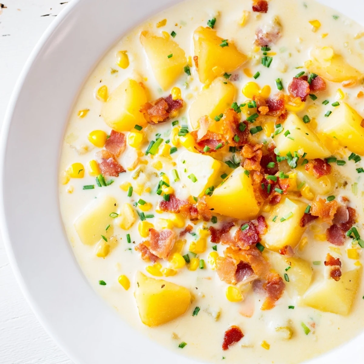 Creamy Corn Chowder with Turkey Bacon steaming in a white bowl, garnished with fresh chives and extra crispy bacon bits.
