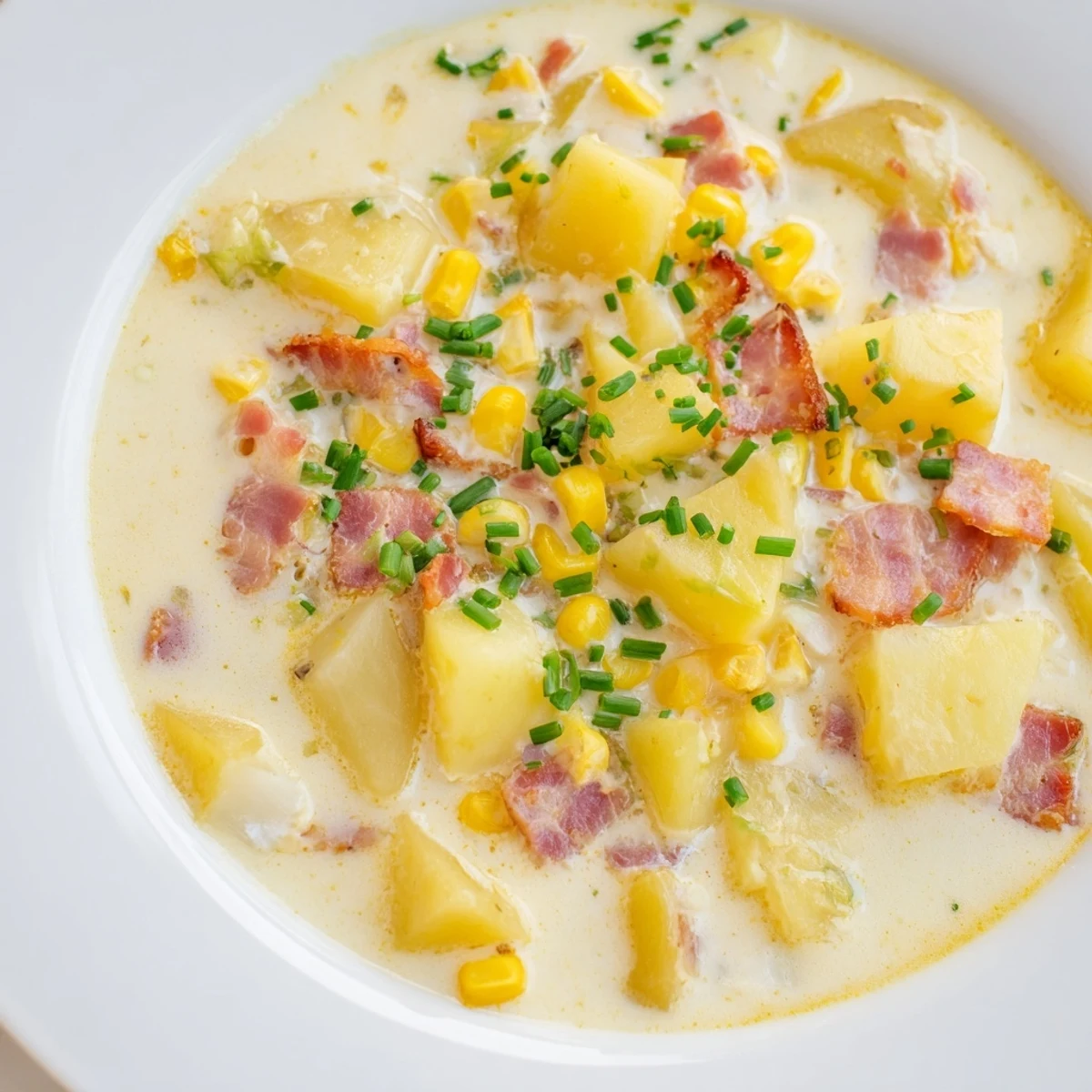 A warm bowl of Creamy Corn Chowder with Turkey Bacon, showing chunky potatoes and sweet corn in a creamy broth.
