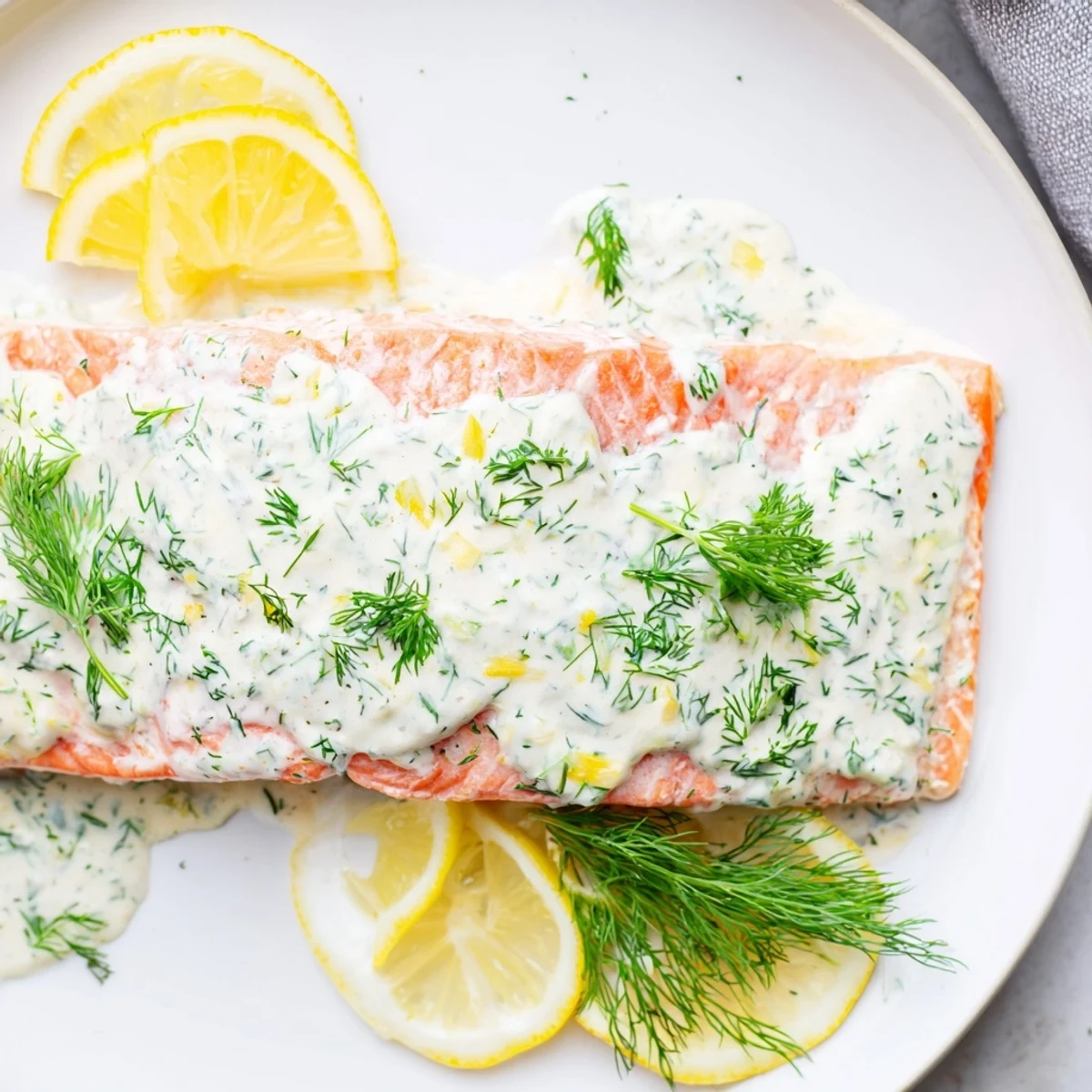 Golden-baked salmon fillets glisten under a drizzle of creamy dill and lemon sauce, garnished with fresh herbs and bright lemon slices.