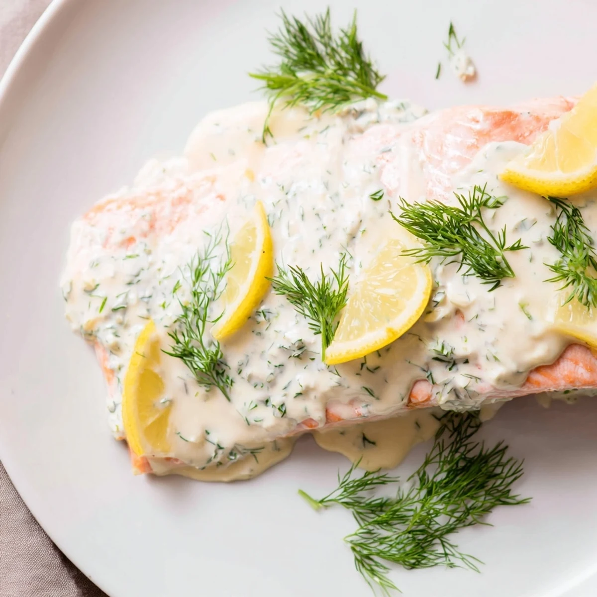 Tender, flaky salmon fresh from the oven rests on a white plate, topped with vibrant green dill and a rich lemon sauce.