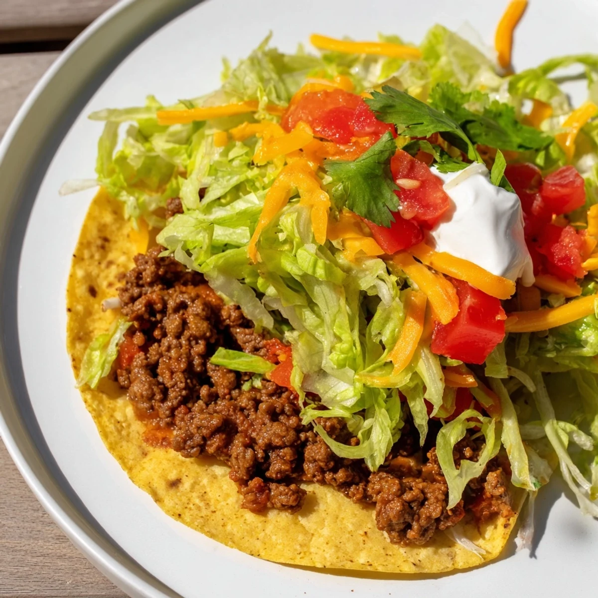 Warm homemade beef tacos with seasoned ground beef, melted cheese, and fresh lettuce and tomato on soft corn tortillas.