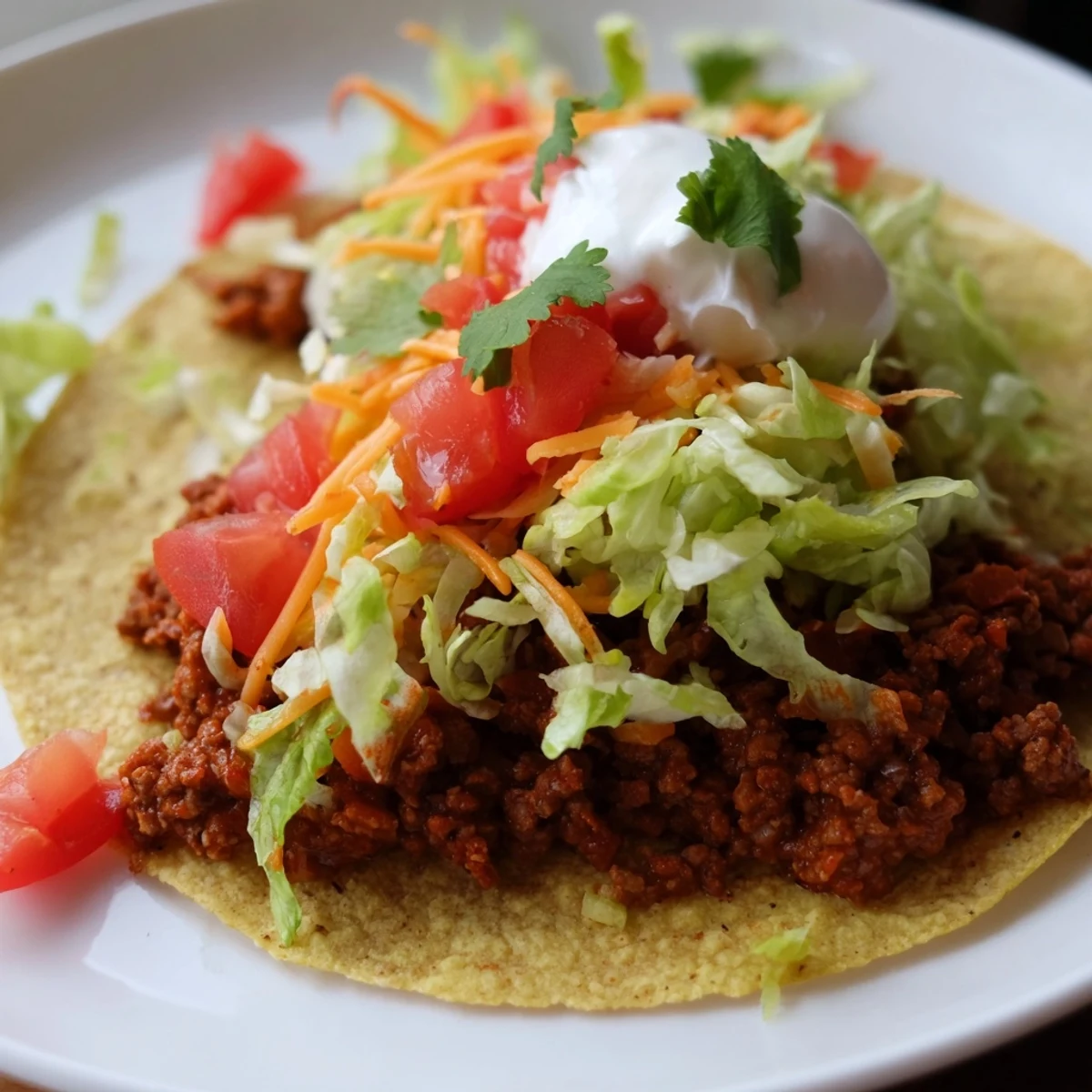 Homemade beef tacos filled with savory ground beef, fresh cilantro, sour cream, and tomatoes, ready for a weeknight dinner.