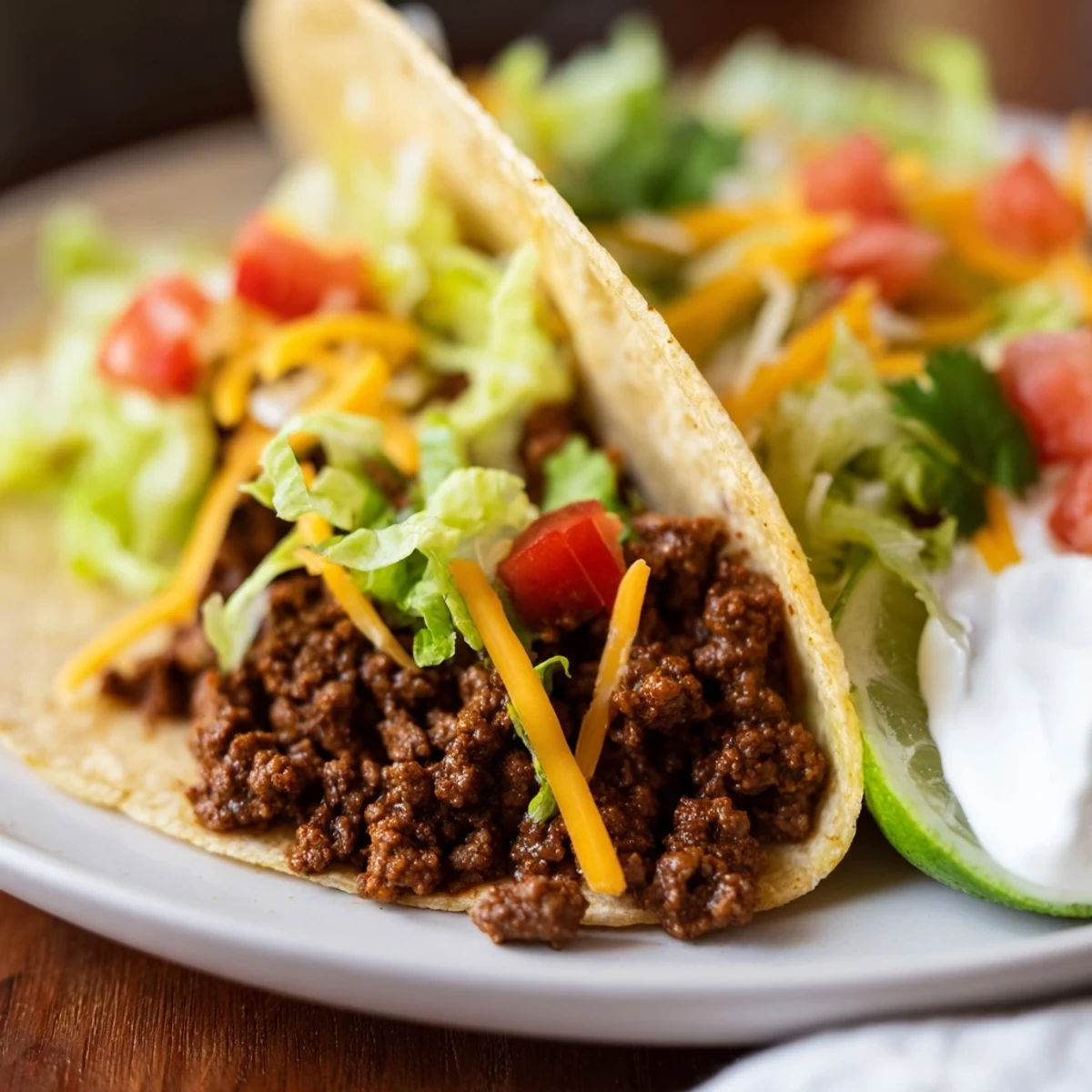 Classic beef tacos topped with crisp lettuce, juicy tomato, and shredded cheddar, served with lime wedges on a plate.
