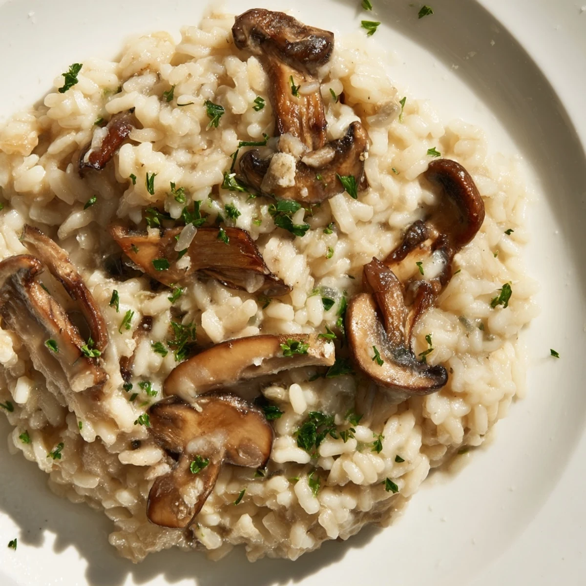 A close-up of creamy Mushroom Risotto with Truffle Oil in a white bowl, garnished with parsley and a swirl of oil.